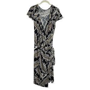 Ann Taylor Womens Wrap Dress Size 16 Black Tan Abstract Print Flutter Sleeve